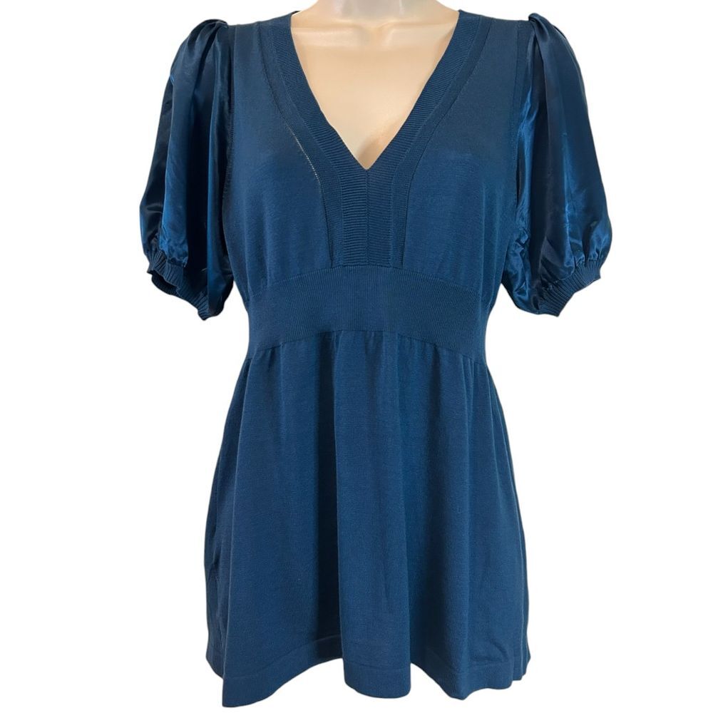 BCBGMAXAZRIA Elegant Blue Puff Sleeve V-Neck Silk‎ Blend Top Women's S